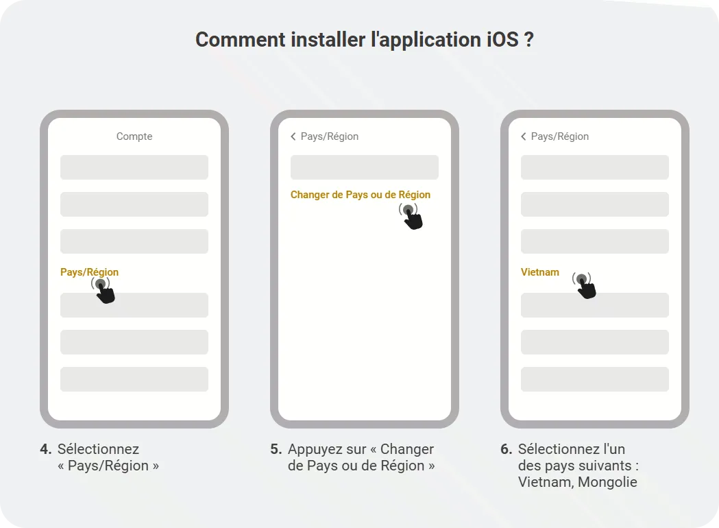 Télécharger Melbet iOS — étapes 4 à 6 : Pays/Région, changer, sélectionner Vietnam