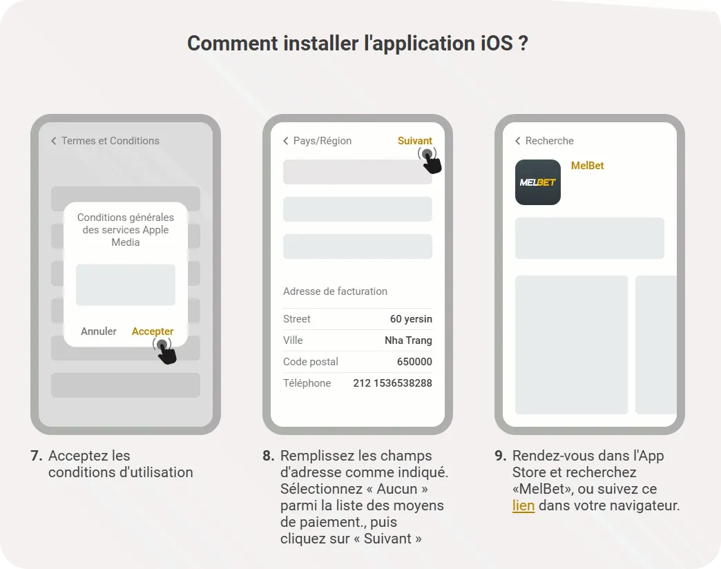Télécharger Melbet iOS — étapes 7 à 9 : adresse Nha Trang, Aucun, rechercher MelBet