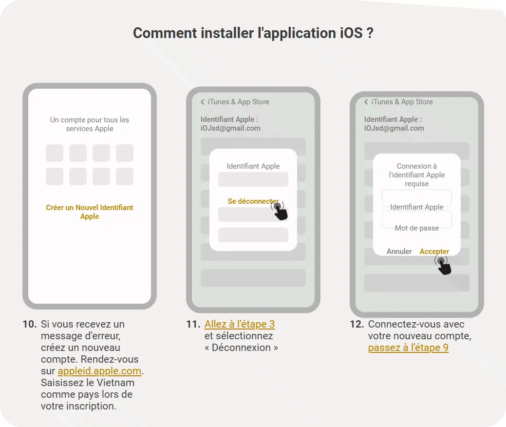 Télécharger Melbet iOS — étapes 10 à 12 : nouvel Apple ID Vietnam, se déconnecter