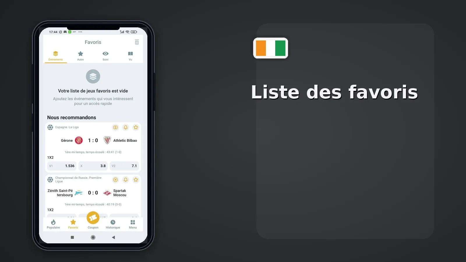 Interface Melbet CI — liste des favoris parieurs