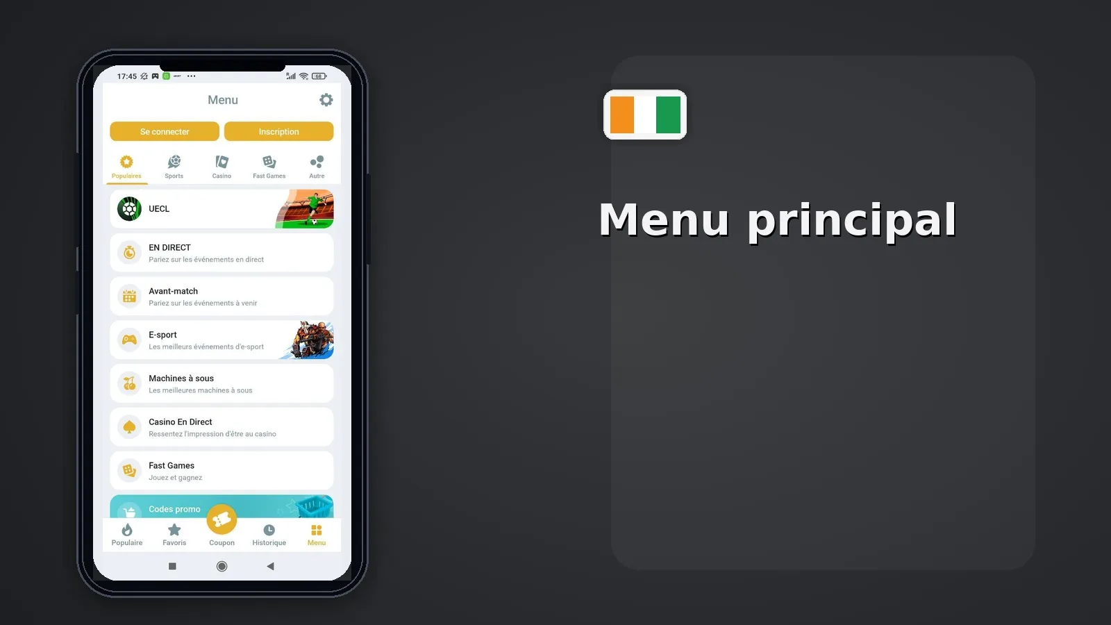 Menu principal Melbet CI — navigation application