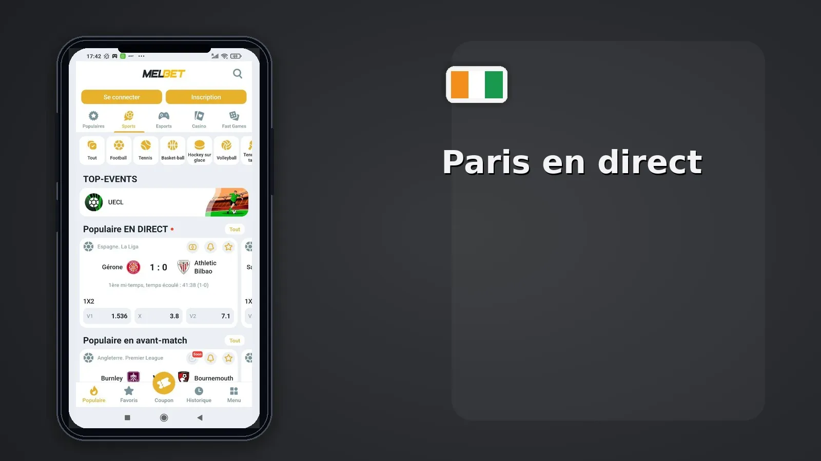 Paris en direct Melbet CI — live betting interface