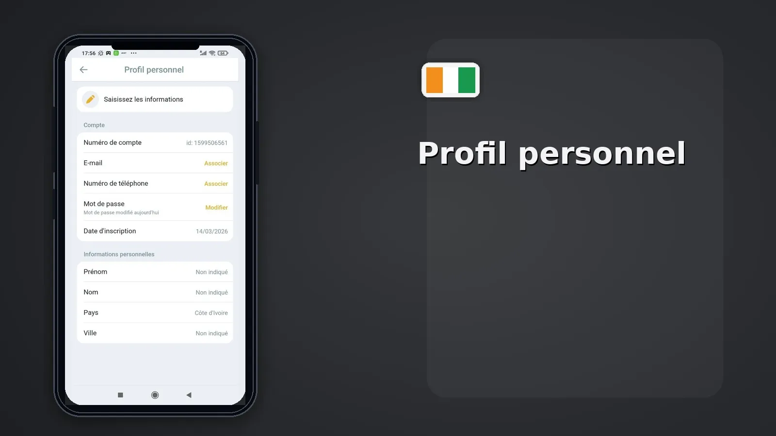 Profil personnel Melbet CI — numéro compte paramètres